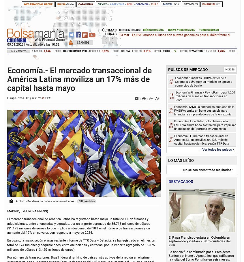 Econom�a.- El mercado transaccional de Am�rica Latina moviliza un 17% m�s de capital hasta mayo